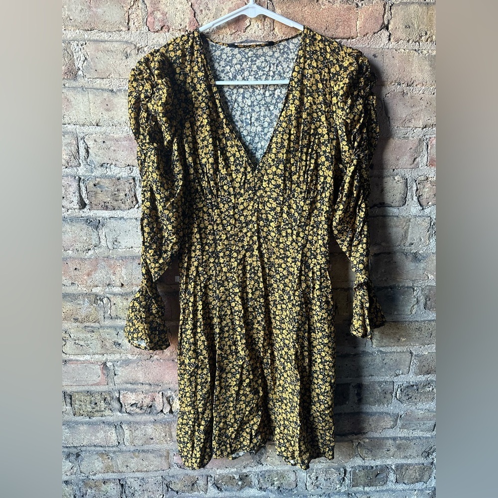 Zara Yellow and Black Floral Long Sleeve Dress